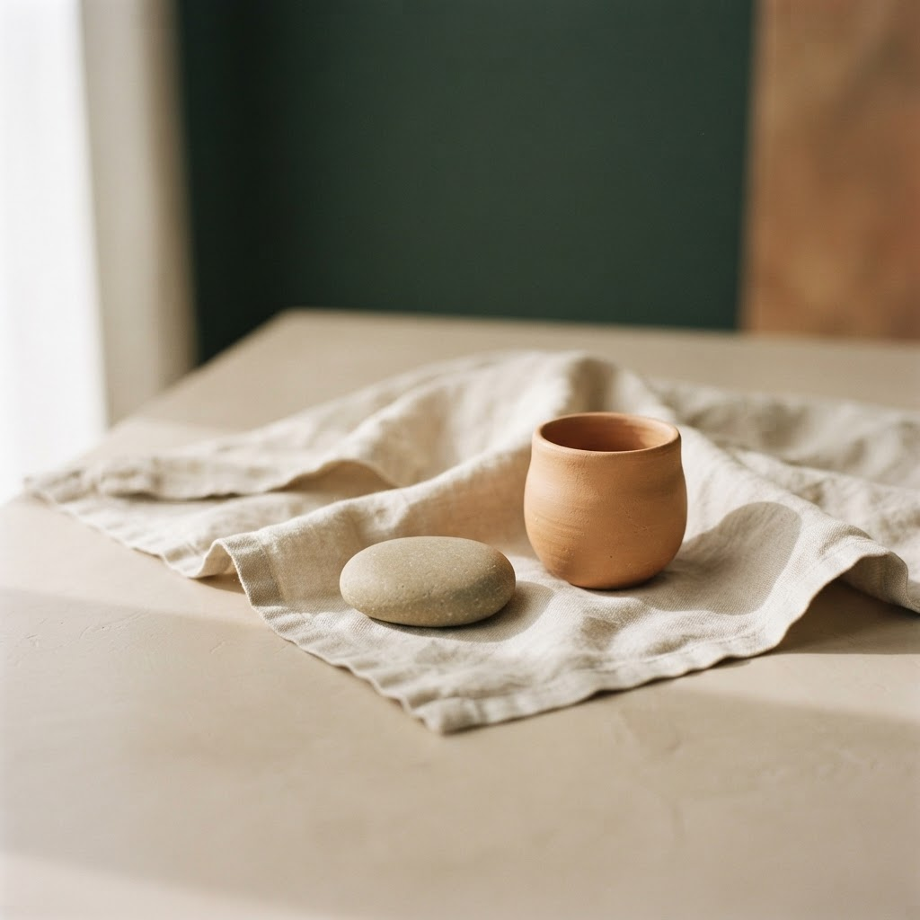 A calm still life with warm linen, a smooth river stone, and a terracotta vessel in soft natural light